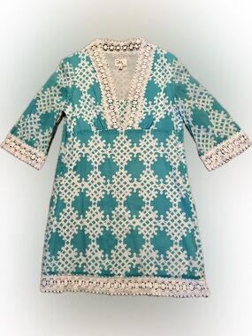Milly Sz 8 Teal and White Lattice Tunic Dress or Coverup with Crochet Trim